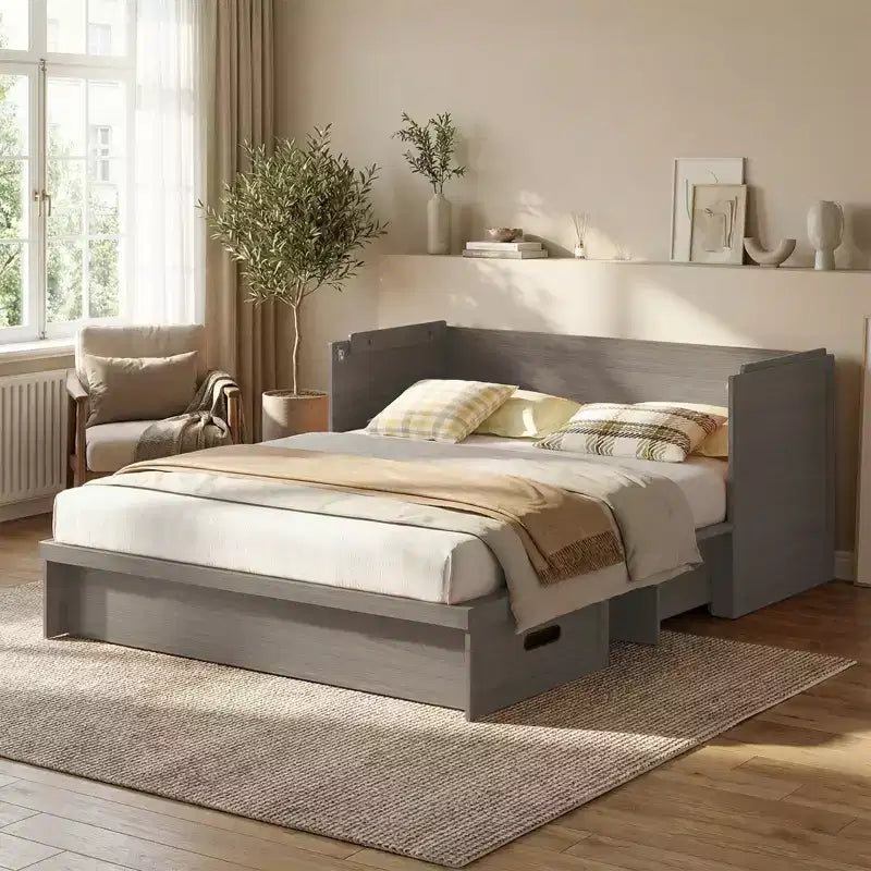 Mjkone Queen Size Convertible Murphy Cabinet Bed with USB Charging, Storage Drawers,No Mattress Included