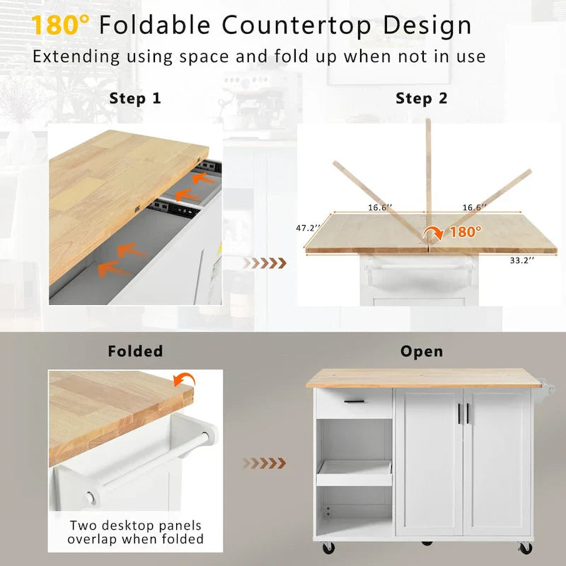 Îlot de cuisine avec plan de travail pliable, desserte de rangement de cuisine avec étagère coulissante, porte-serviettes et tiroir, roulettes.