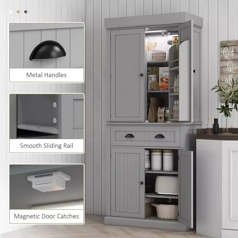 Garde-manger de cuisine de 71 po avec lumières DEL, 6 tablettes de porte, un tiroir et 4 tablettes réglables