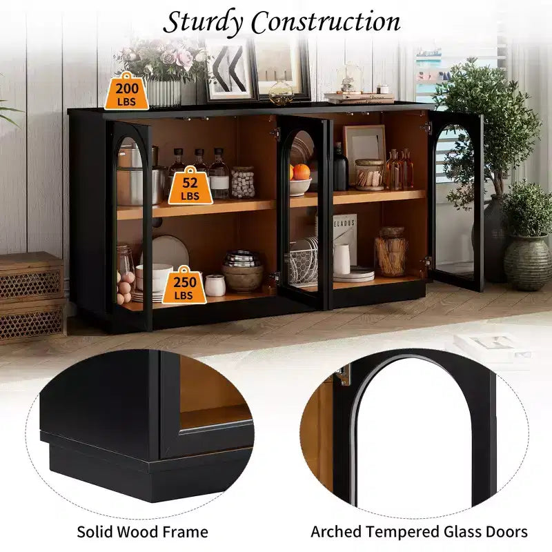 4-Door Large Storage Buffet Cabinet with Glass Doors, Arched Cabinet with Adjustable Shelves for Kitchen