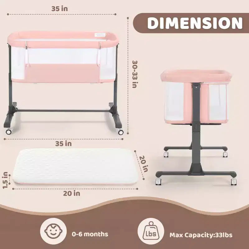 Baby Bassinet with Wheels 鈥?Beige / Gray / Pink, Bedside Sleeper, for 1 Baby