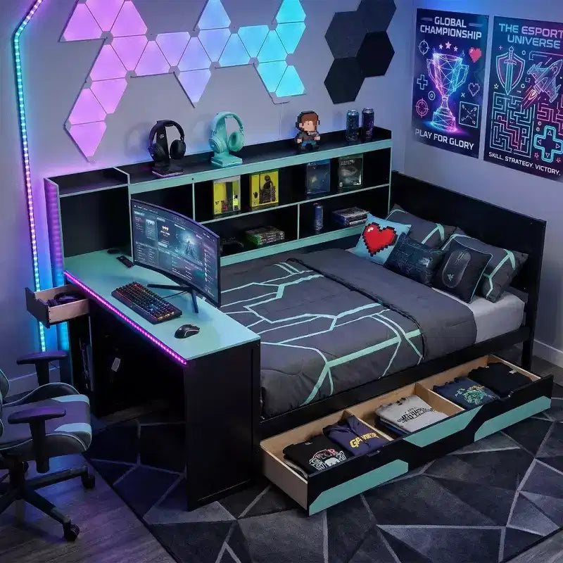 Gamer Hub Daybed with Desk, RGB Lights, Charging Station, Storage Drawers & Bookcase Headboard