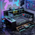 Gamer Hub Daybed with Desk, RGB Lights, Charging Station, Storage Drawers & Bookcase Headboard