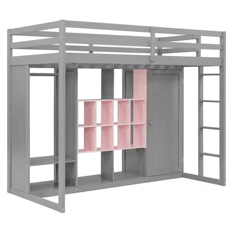 Lit mezzanine enfant avec armoire et étagères, Cadre de lit mezzanine en bois avec meuble de rangement pour enfants et adolescents