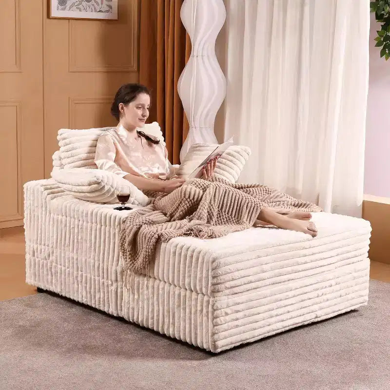Oversized Chaise Lounge Chair Indoor with Storage Ottoman, Upholstered Corduroy Sofa Bed Cloud Couch with 3 Pillows, Single Sleeper Sofa Chair