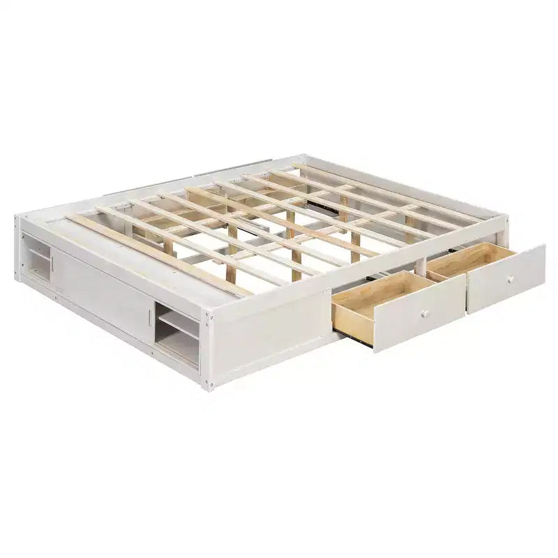 Whisen Queen Platform Bed Frame with 4 Storage Drawers and Footboard Storage