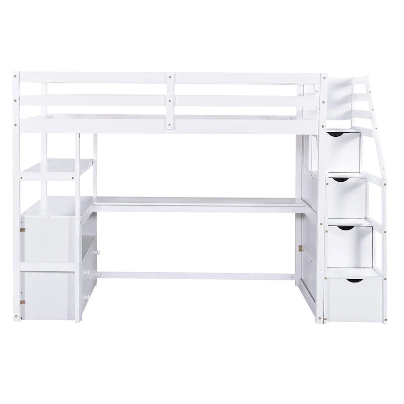 Twin Size Loft Bed with Desk and Shelves, Two Built-in Drawers, Storage Staircase