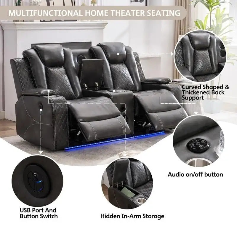 Power Reclining Sofa with Wireless Charger,Reading Light for Living Room,Faux Leather LED Light,AC/USB Port,Cup Holder,Black