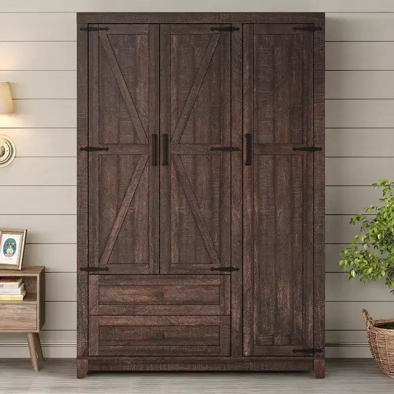 AMERLIFE 47 Farmhouse Wardrobe Armoire with 3 Doors, 2 Drawers, Hanging Rod & Adjustable Shelves, Freestanding Closet Organizer