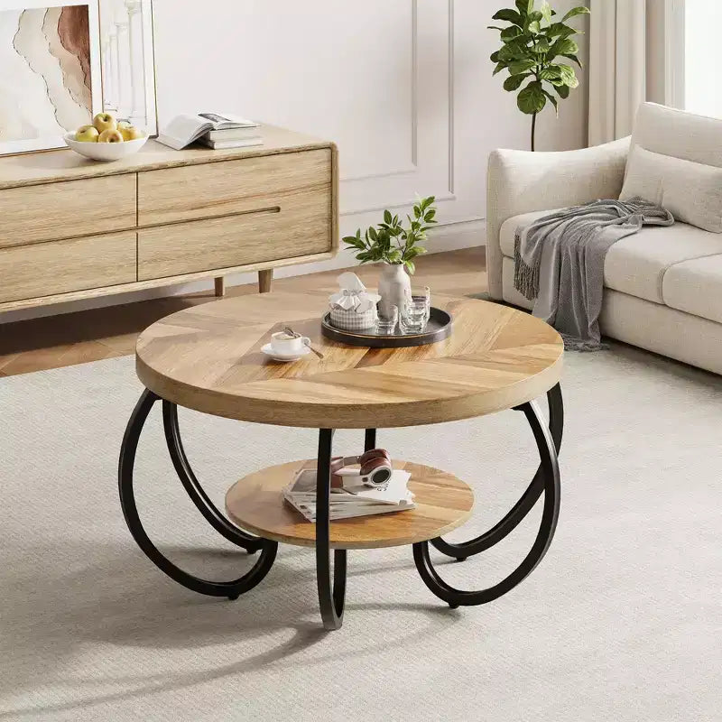 30 Inch Round Industrial Coffee Table 2-Tier with Adjustable Feet Wood Grain Shelf Flame Design Easy Assembly Living Room