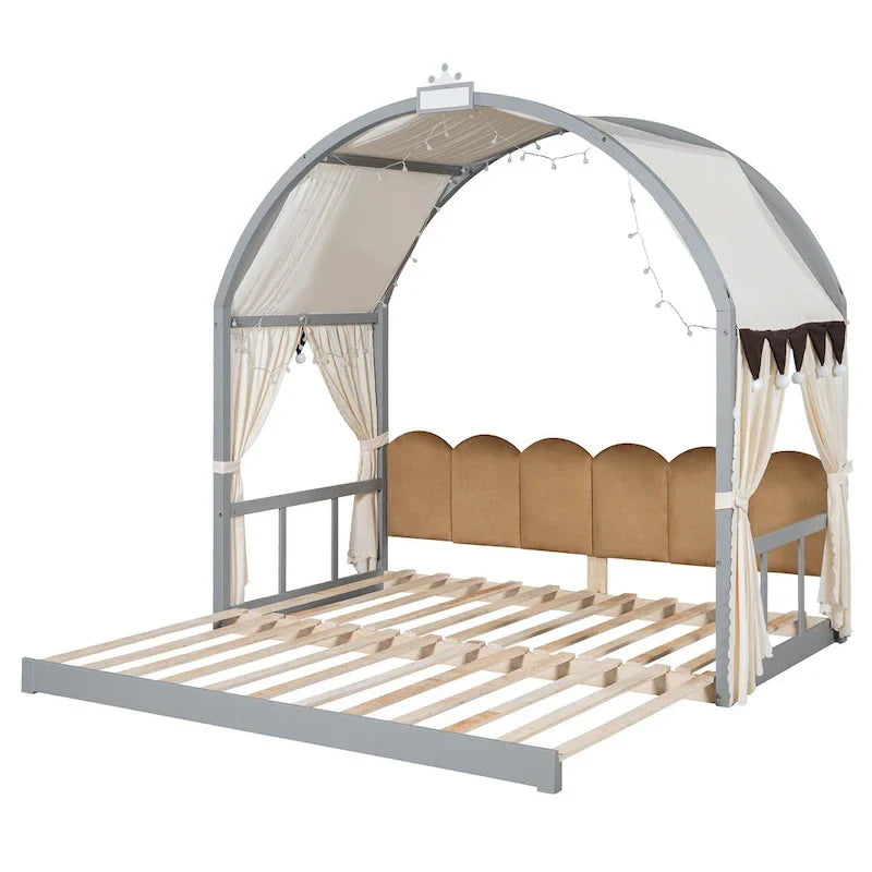 Solid Wood Playhouse Platform Bed Floor Montessori Bed Frame with Arched Roof and Trundle for Girls and Boys