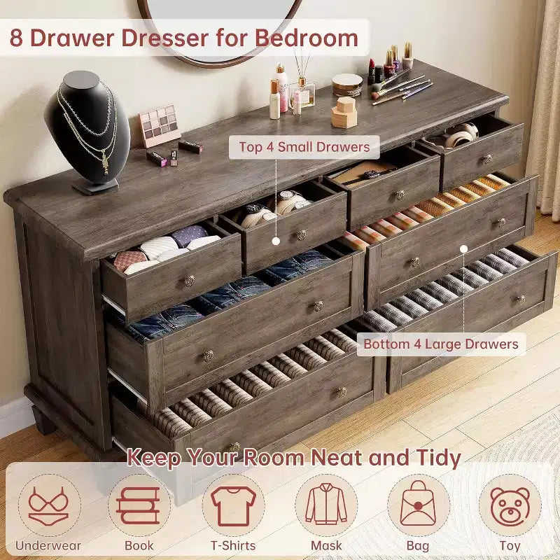 8 Drawer Dresser for Bedroom, Vintage 59 Dresser TV Stand with Carved Handles and Tapered Legs, Wood Chests of Drawers with Large Capacity Storage