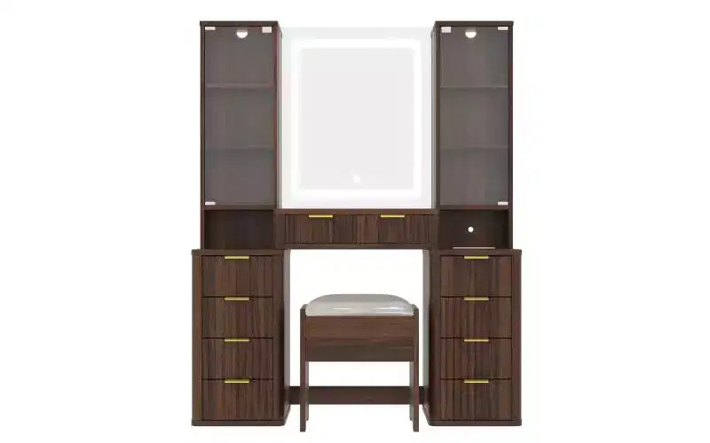 JVNOXK 43.5-inch Modern Vanity Set with Mirror and Light, Featuring Drawers and Clear Glass Cabinet, Includes Stool and Charging Station, Brown