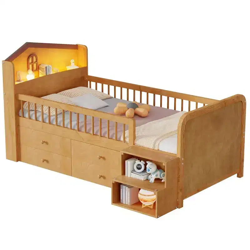 Whisen Low Twin Loft Bed with LED Lights, House Shape Headboard & Storage Drawers, Solid Construction