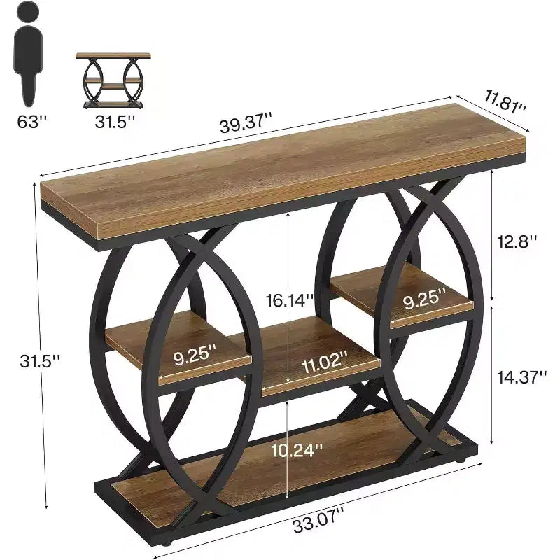 Table console Lantine 39.4, table de canapé industrielle à 4 niveaux Table d'entrée avec étagères de rangement et cadre en métal pour petits espaces, couloir, foyer, marron