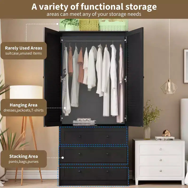 COZONY Armoire Wardrobe with 3 Drawers & 2 Doors, Modern Wooden Closet Cabinet for Bedroom, Heavy Duty White Standing Armoire