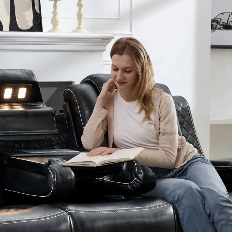 Power Reclining Sofa with Wireless Charger,Reading Light for Living Room,Faux Leather LED Light,AC/USB Port,Cup Holder,Black