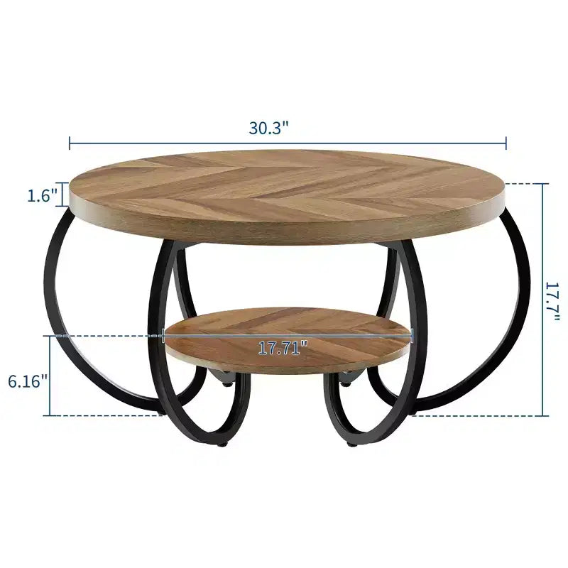 30 Inch Round Industrial Coffee Table 2-Tier with Adjustable Feet Wood Grain Shelf Flame Design Easy Assembly Living Room