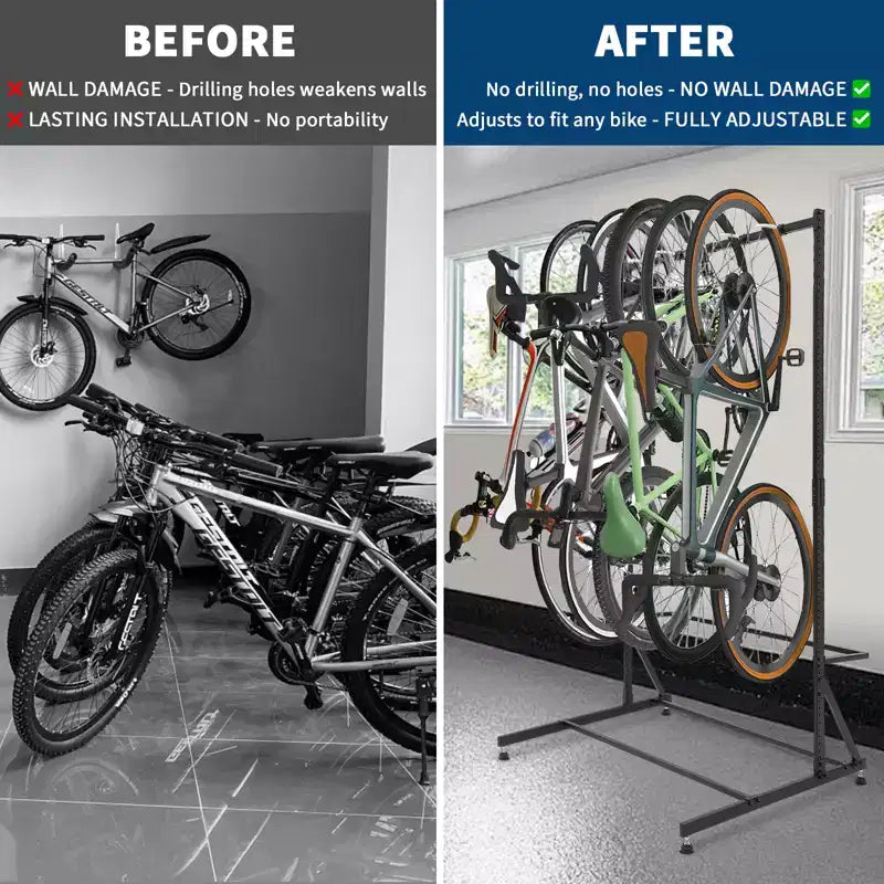 Range de rangement pour 5 vélos autoportant avec une capacité de 136 kg, organisateur robuste pour un maintien sûr et stable des vélos pour les cours avant et arrière