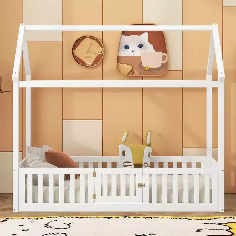 Twin/Full Size Wood House Bed with Fence and Door 4N - ModernLuxe