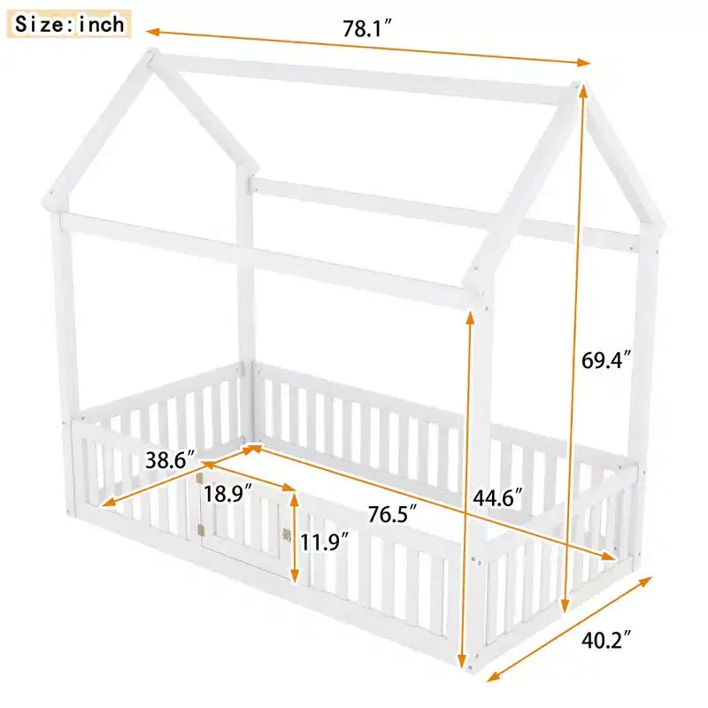 Twin/Full Size Wood House Bed with Fence and Door 4N - ModernLuxe