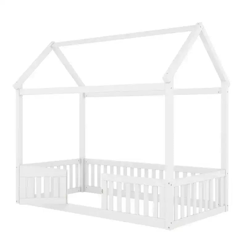 Twin/Full Size Wood House Bed with Fence and Door 4N - ModernLuxe