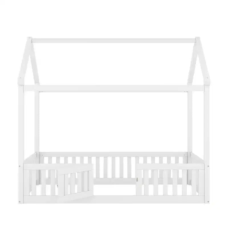 Twin/Full Size Wood House Bed with Fence and Door 4N - ModernLuxe
