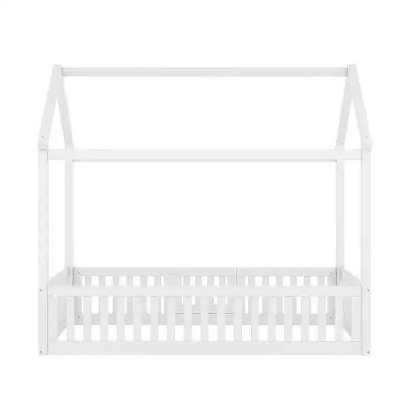 Twin/Full Size Wood House Bed with Fence and Door 4N - ModernLuxe