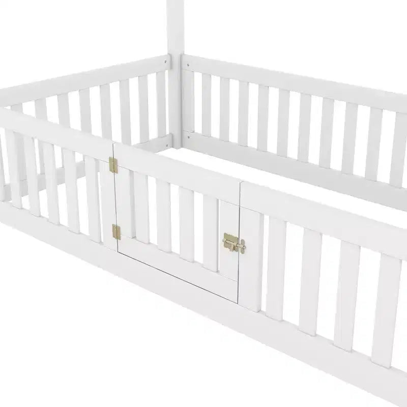 Twin/Full Size Wood House Bed with Fence and Door 4N - ModernLuxe