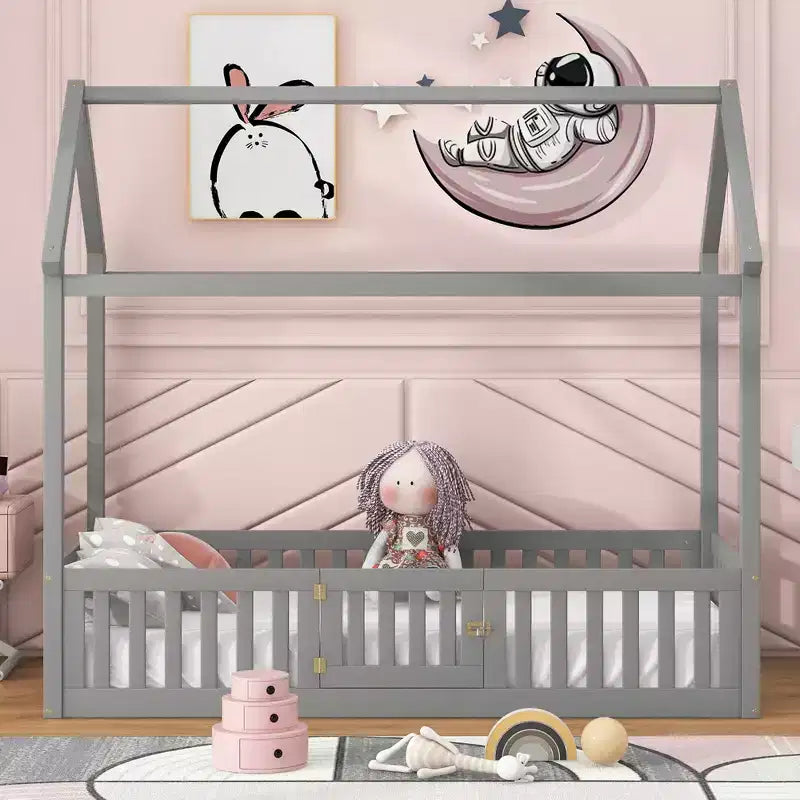 Twin/Full Size Wood House Bed with Fence and Door 4N - ModernLuxe