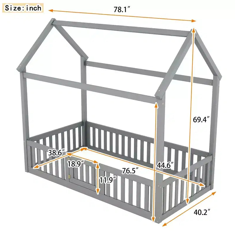 Twin/Full Size Wood House Bed with Fence and Door 4N - ModernLuxe