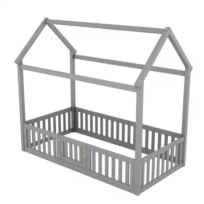Twin/Full Size Wood House Bed with Fence and Door 4N - ModernLuxe