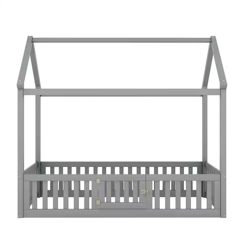 Twin/Full Size Wood House Bed with Fence and Door 4N - ModernLuxe