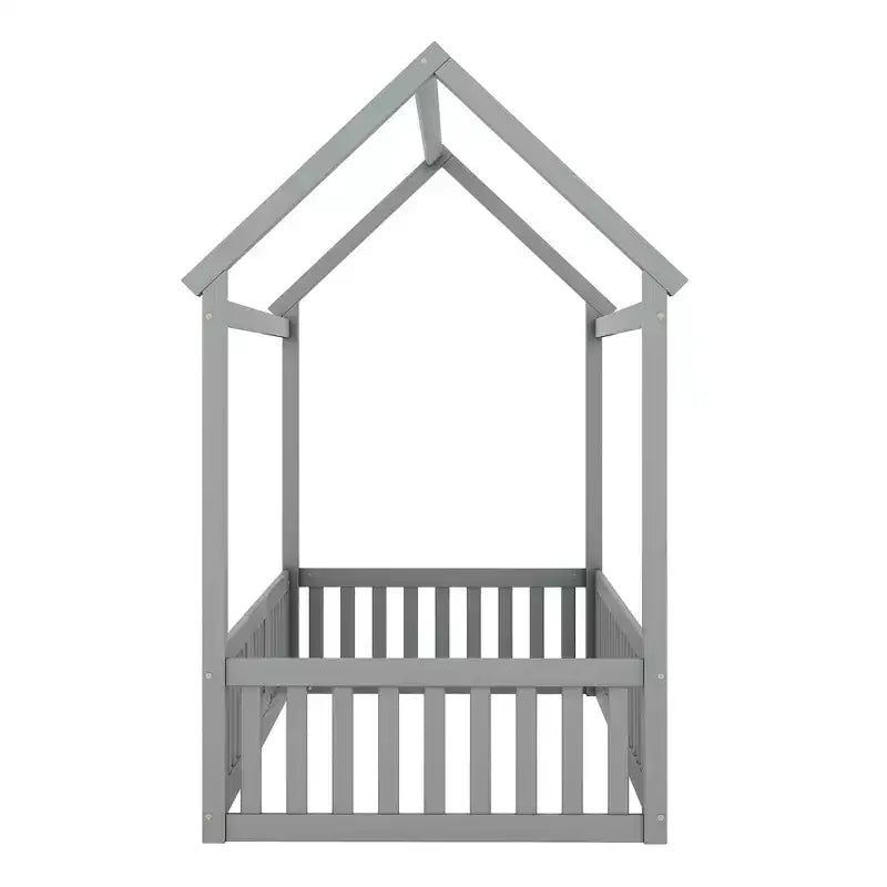 Twin/Full Size Wood House Bed with Fence and Door 4N - ModernLuxe