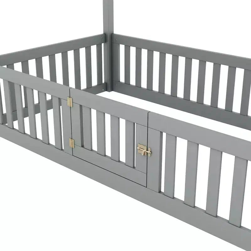 Twin/Full Size Wood House Bed with Fence and Door 4N - ModernLuxe