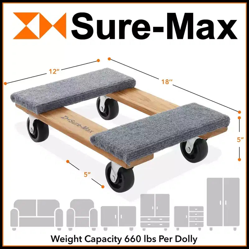 Sure-Max Heavy-Duty Furniture Moving Dolly, 2-Pack,Premium Hardwood with Swivel Casters, 1,320 lbs. Total Capacity