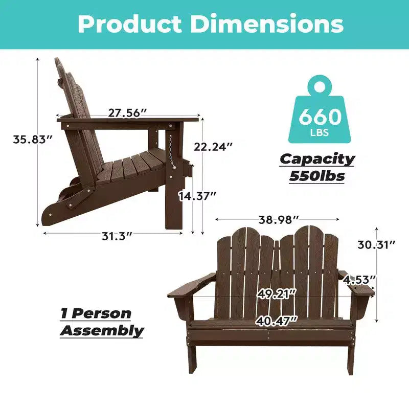 Fauteuil Adirondack 2 places Hyleory, Chaise double moelleuse, Fauteuil pliant de balcon Cloud, Résistant aux intempéries