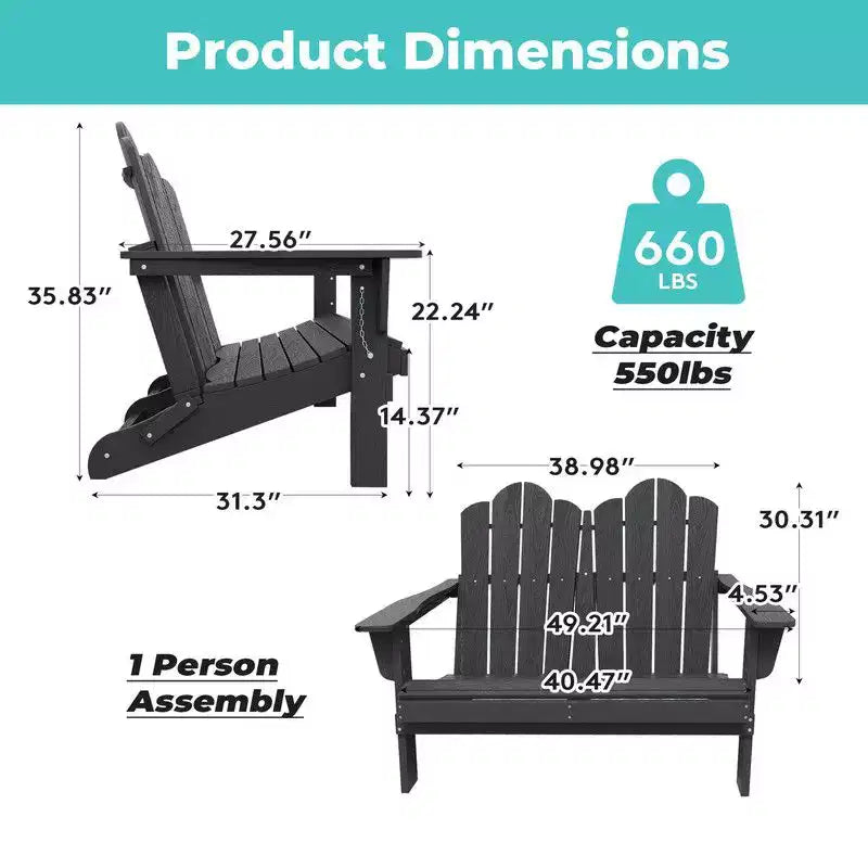Fauteuil Adirondack 2 places Hyleory, Chaise double moelleuse, Fauteuil pliant de balcon Cloud, Résistant aux intempéries
