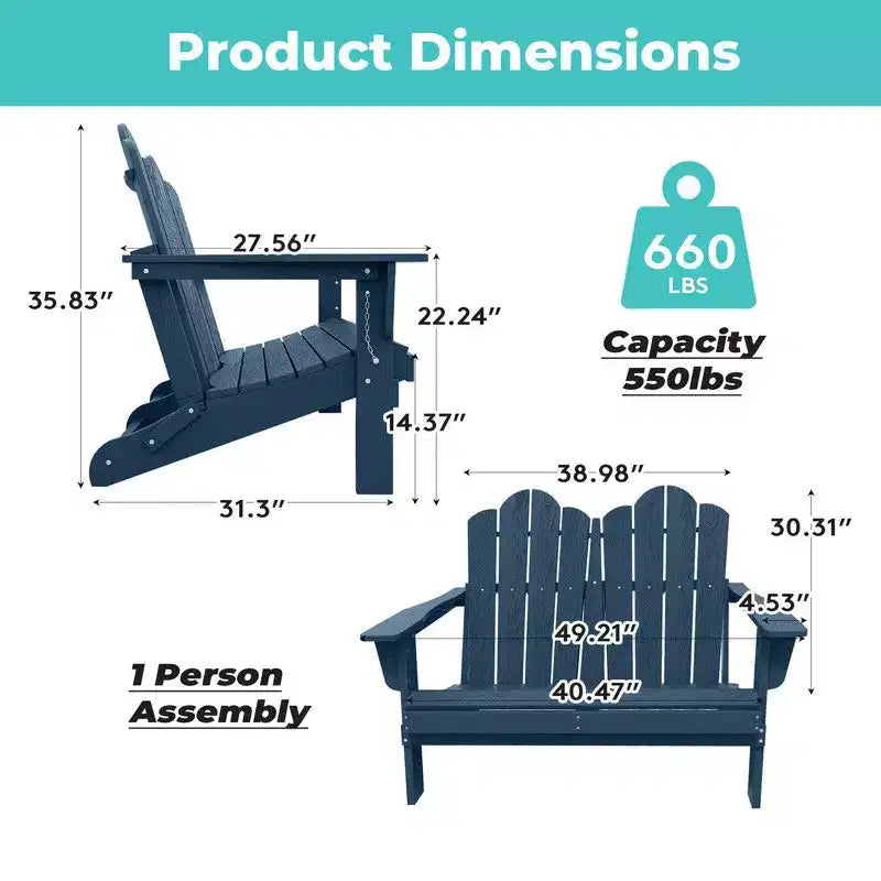 Fauteuil Adirondack 2 places Hyleory, Chaise double moelleuse, Fauteuil pliant de balcon Cloud, Résistant aux intempéries