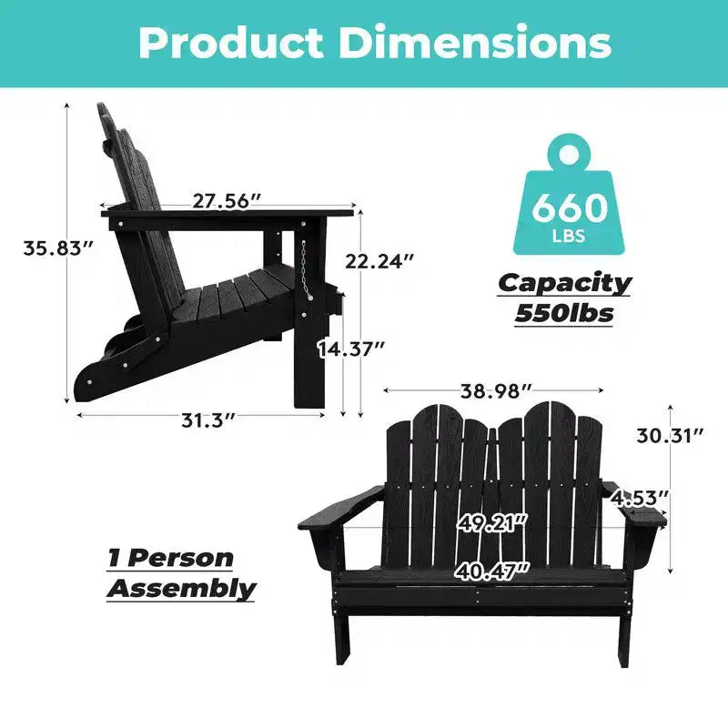 Fauteuil Adirondack 2 places Hyleory, Chaise double moelleuse, Fauteuil pliant de balcon Cloud, Résistant aux intempéries