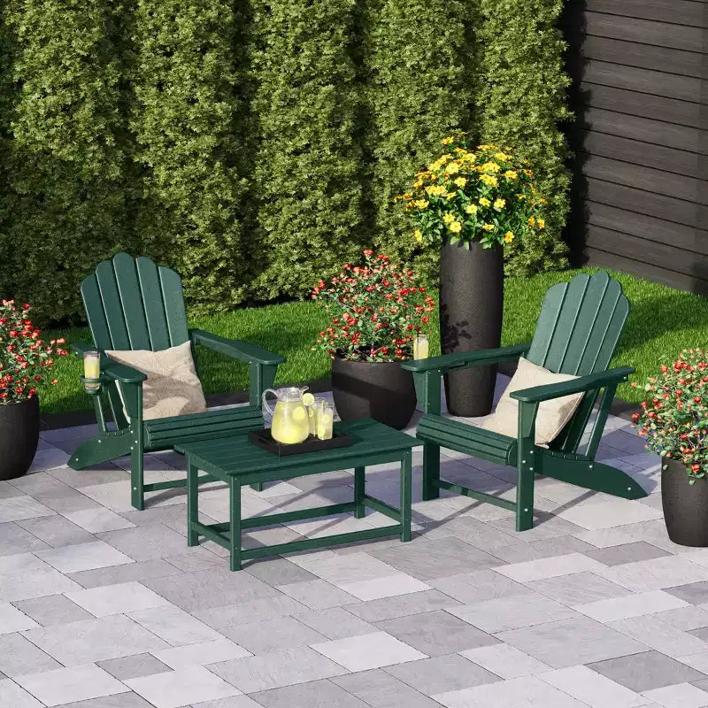 WestinTrends Highland 3-Piece Adirondack Chairs with Cup Holders and Coffee Table Set