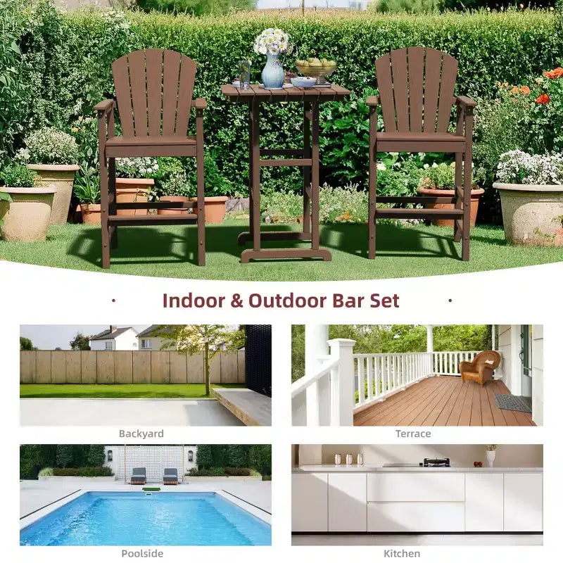 Hyleory 3-Piece HDPE Patio Bar Set with Adirondack Bar Stools - Durable Outdoor Furniture for Stylish Entertaining