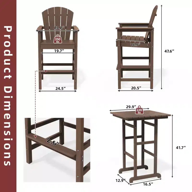 Hyleory 3-Piece HDPE Patio Bar Set with Adirondack Bar Stools - Durable Outdoor Furniture for Stylish Entertaining
