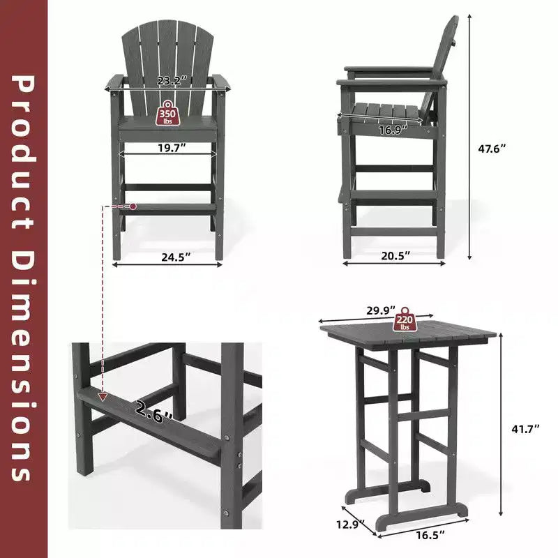 Hyleory 3-Piece HDPE Patio Bar Set with Adirondack Bar Stools - Durable Outdoor Furniture for Stylish Entertaining