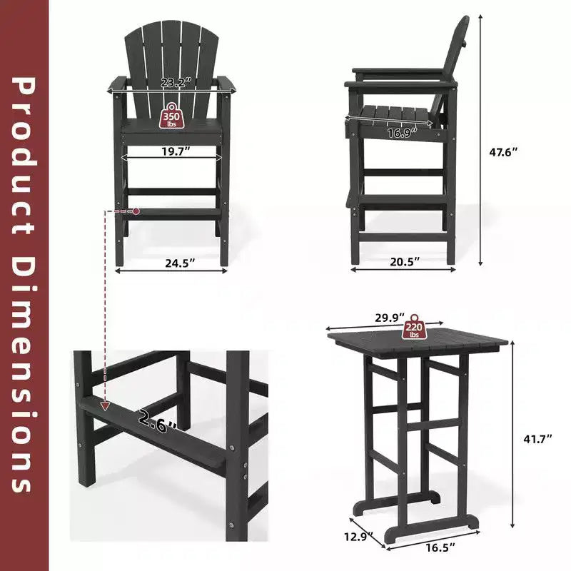 Hyleory 3-Piece HDPE Patio Bar Set with Adirondack Bar Stools - Durable Outdoor Furniture for Stylish Entertaining