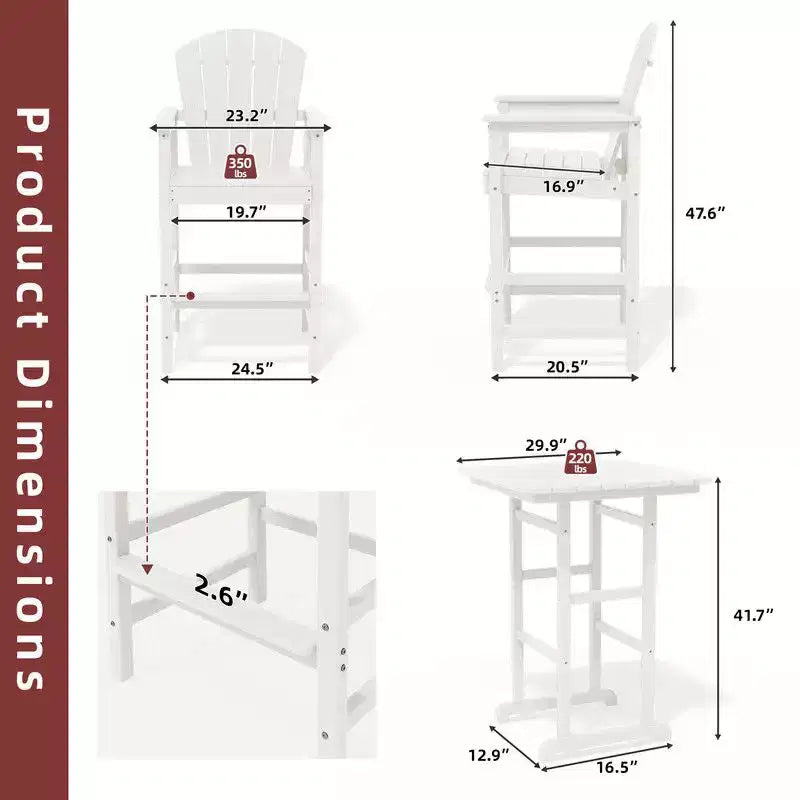 Hyleory 3-Piece HDPE Patio Bar Set with Adirondack Bar Stools - Durable Outdoor Furniture for Stylish Entertaining