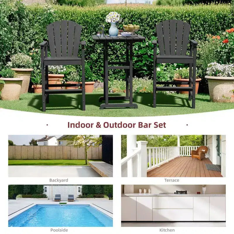 Hyleory 3-Piece HDPE Patio Bar Set with Adirondack Bar Stools - Durable Outdoor Furniture for Stylish Entertaining