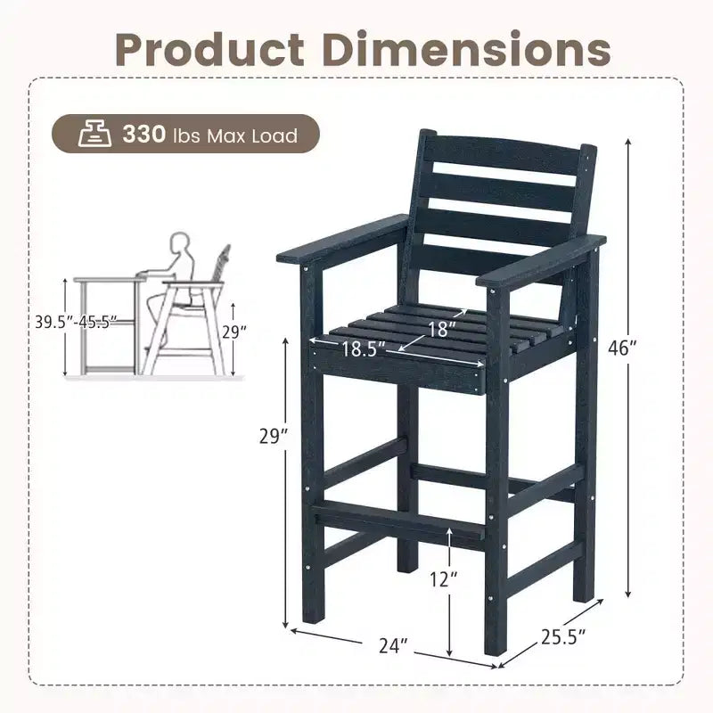 Costway Patio Adirondack Bar Chairs Set of 2 with Wide Armrests & Footrest Backrest Black/Brown/Gray/Navy