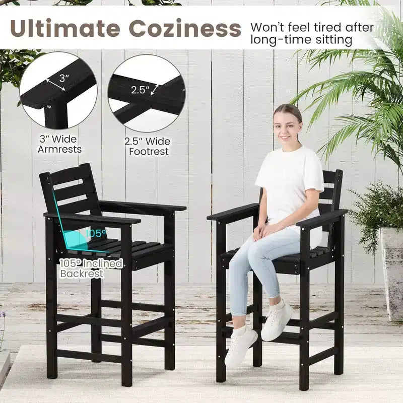Costway Patio Adirondack Bar Chairs Set of 2 with Wide Armrests & Footrest Backrest Black/Brown/Gray/Navy
