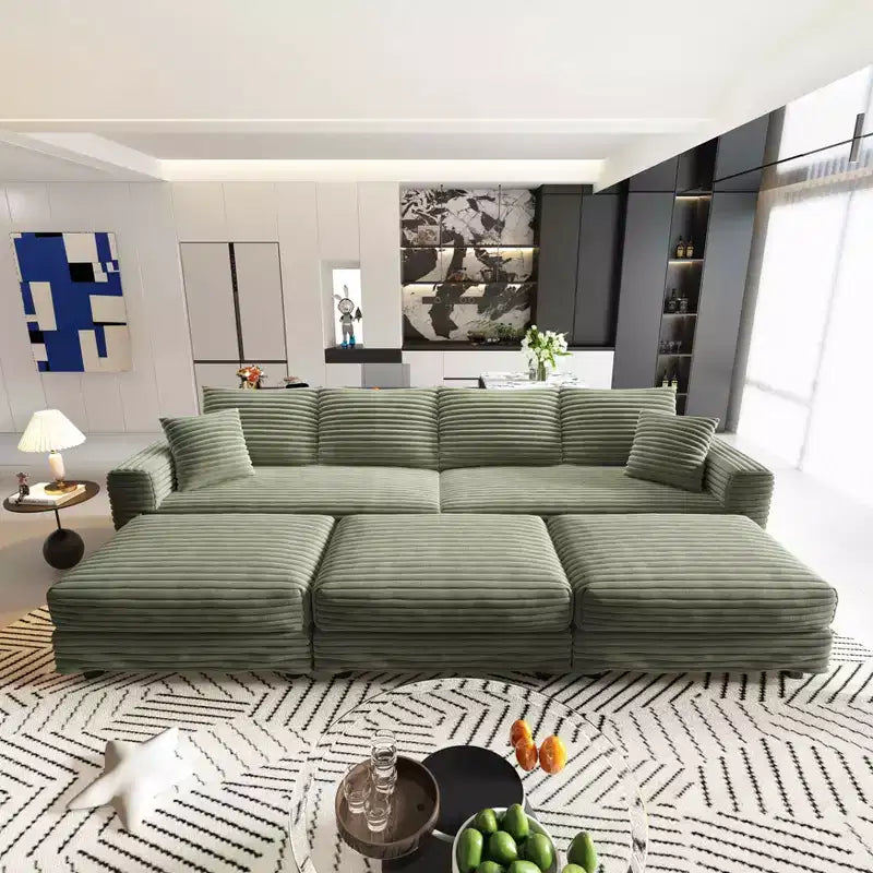 102.4 Plush Corduroy 4-Seat Convertible Sofa with Ottomans - Green